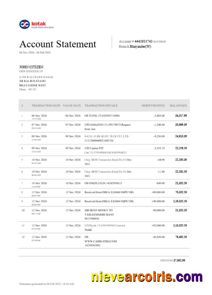 INDIA KOTAK bank statement, Word and PDF format